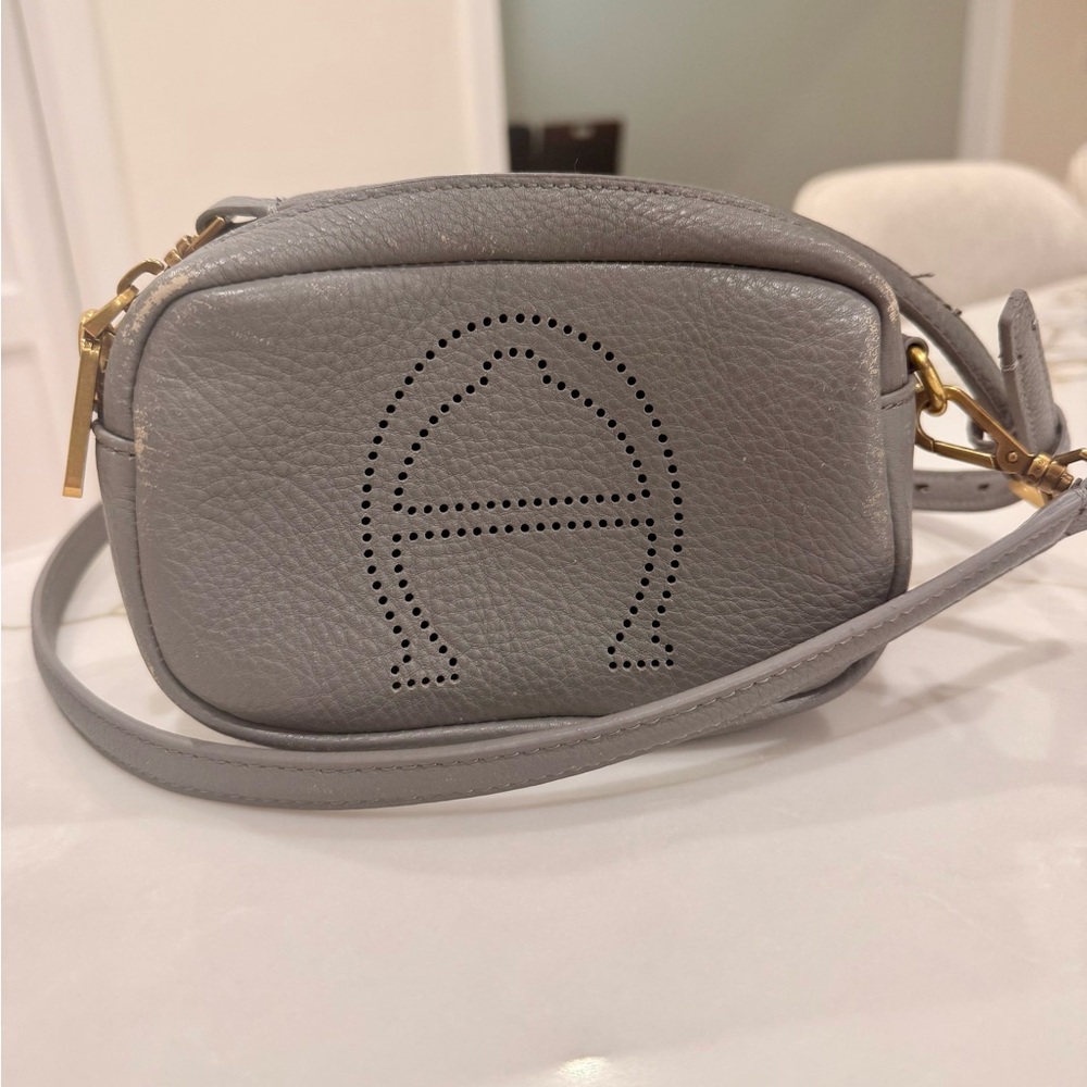 Etienne Aigner Stella Mini Gray Leather Crossbody Camera Bag Gold Hardware
